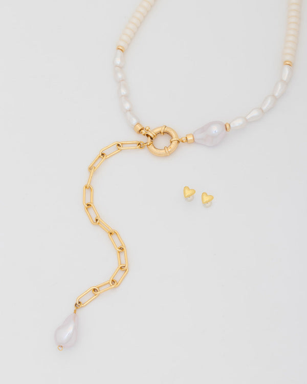 Collar Corbatín Perla + Aretes