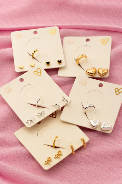 Set X3 Aretes Lazo Corazón Gold