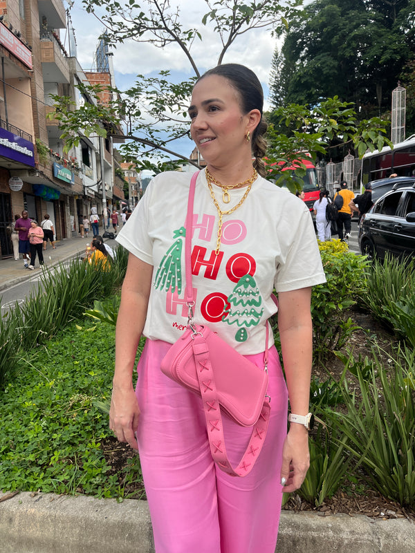 BOLSO ROSADO DOBLE CORREA CON HERRAJES PLATEADOS