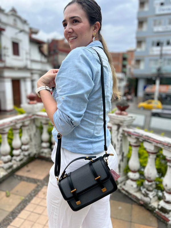 BOLSO ELEGANTE NEGRO EN LONA Y CUERO SINTETICO
