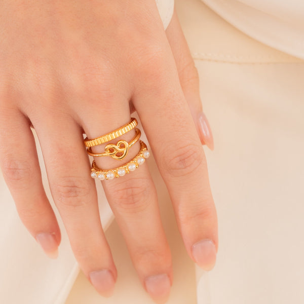 Set X3 Anillos Perlas Corazón Lazo