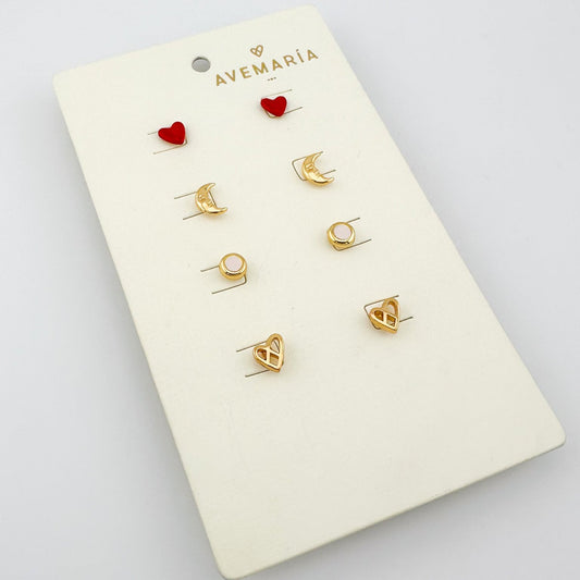 Set X4 Aretes Luna Corazón