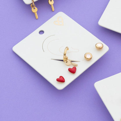 Set Aretes Earcuff Con Dije De Llave + Topos Corazón + Topos Nude