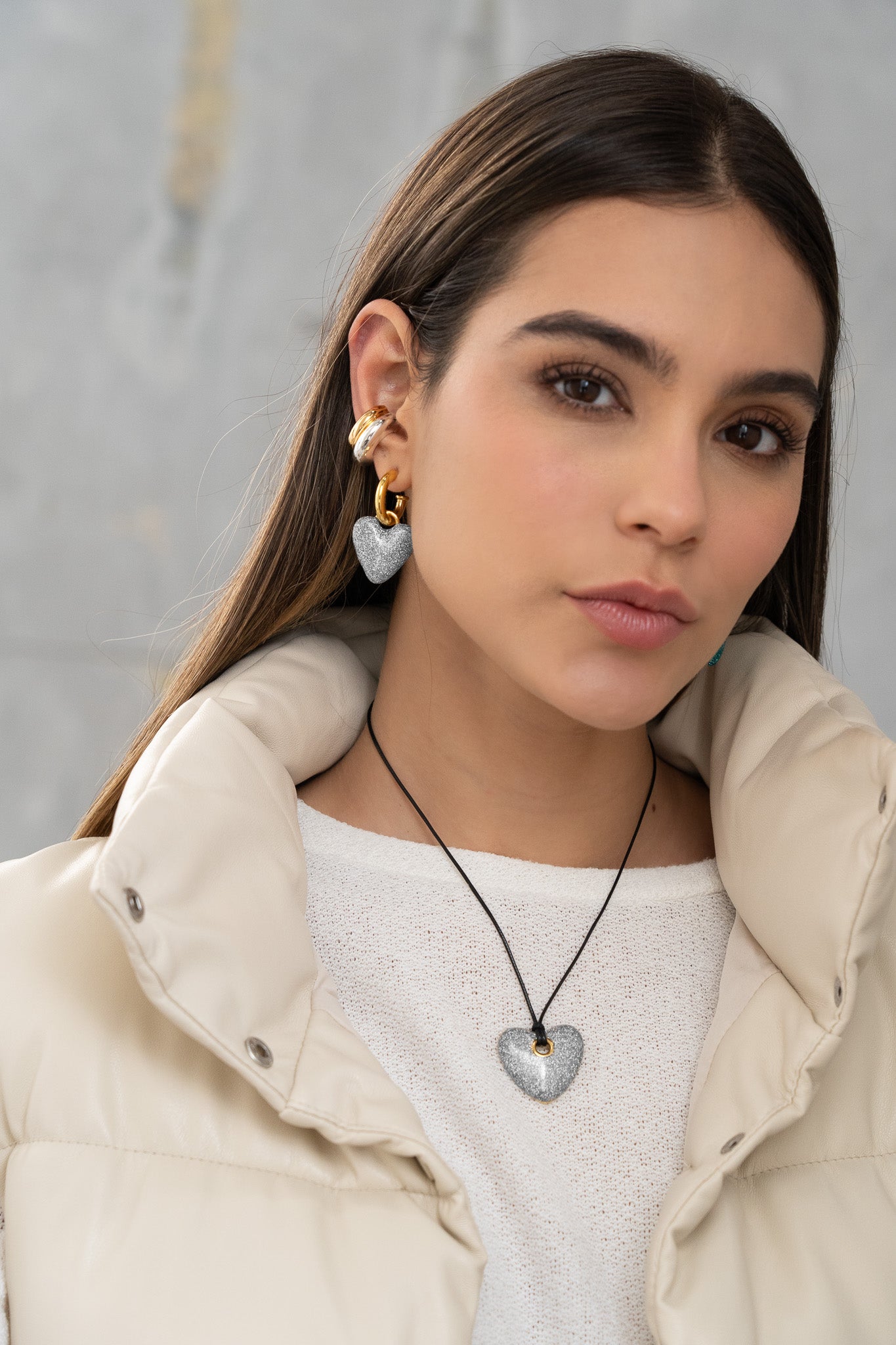 Cuerito Corazón Escarcha + Aretes